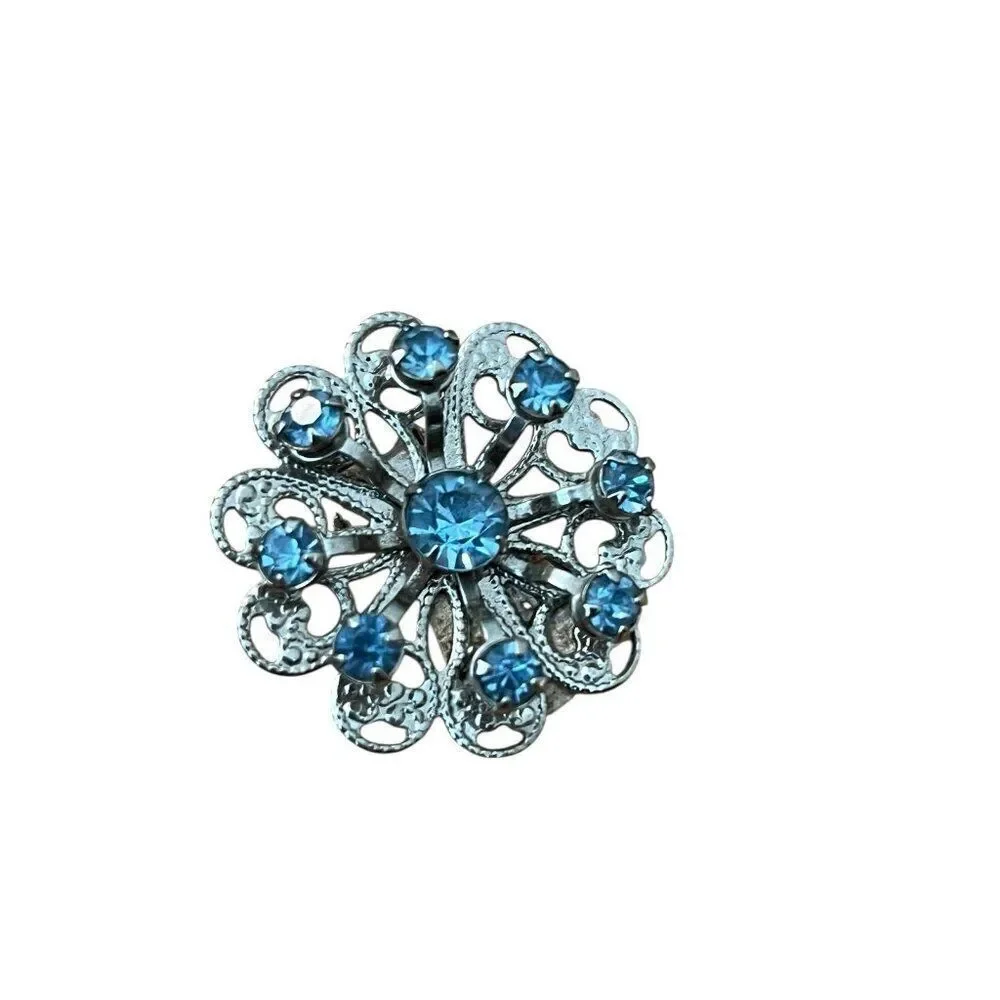 Camelot Silver Tone Blue Rhinestone Star Brooch and Clip On Earrings Box Set Vtg